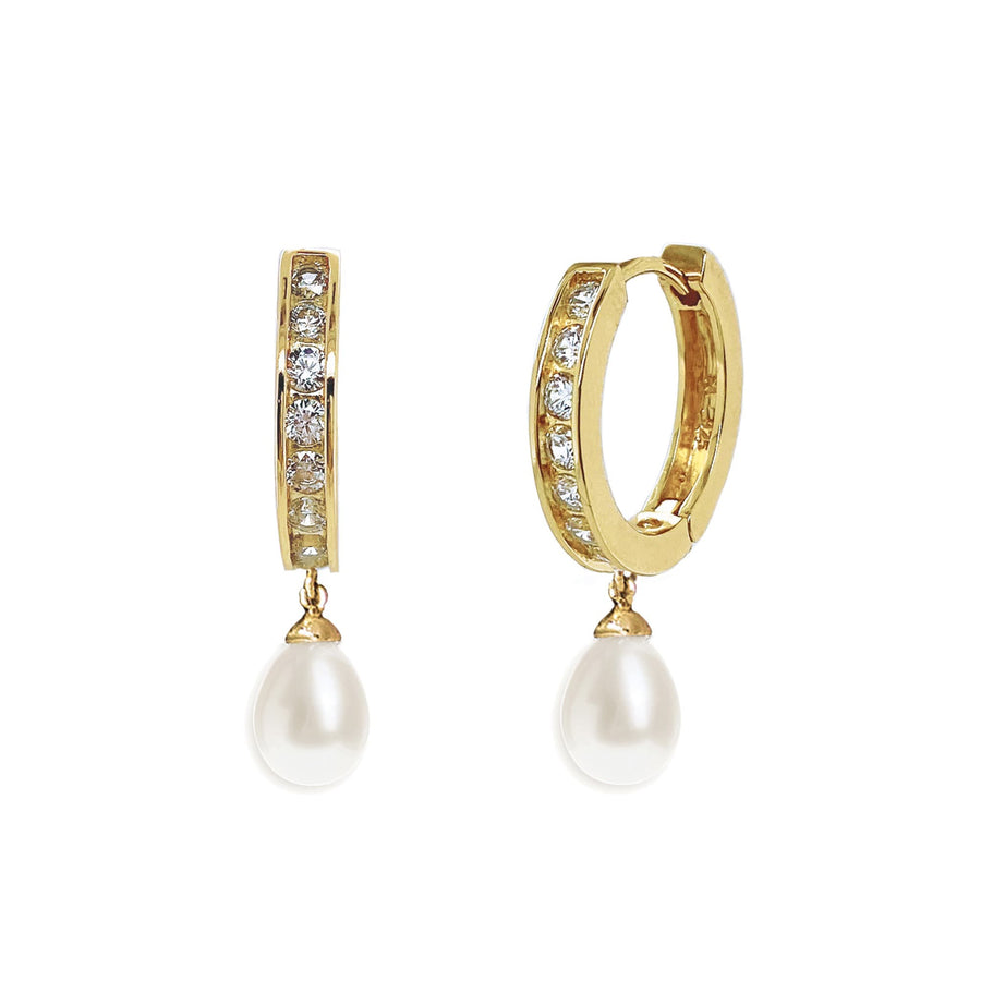 Gold Crystal Hoop Pearl Drop Earrings