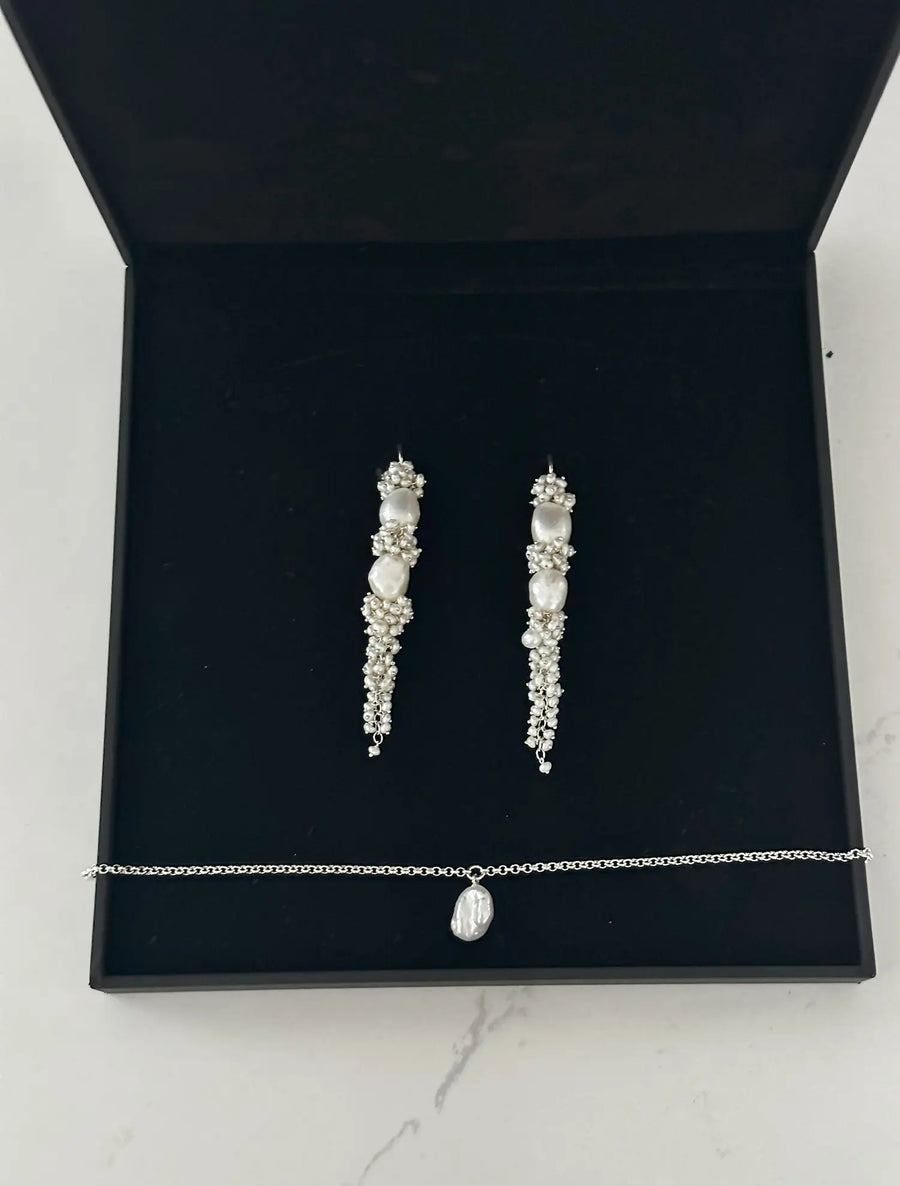 Silver Earring Bracelet Pearl Set