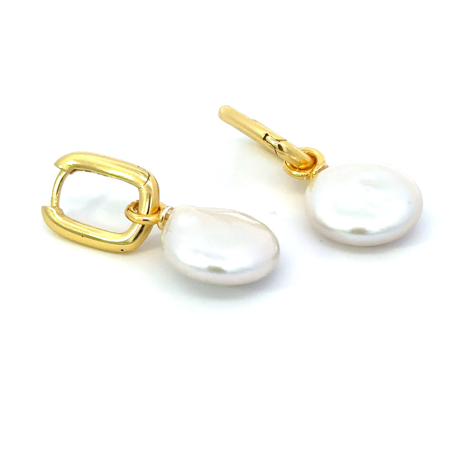 square hoop coin pearl hoop earrings