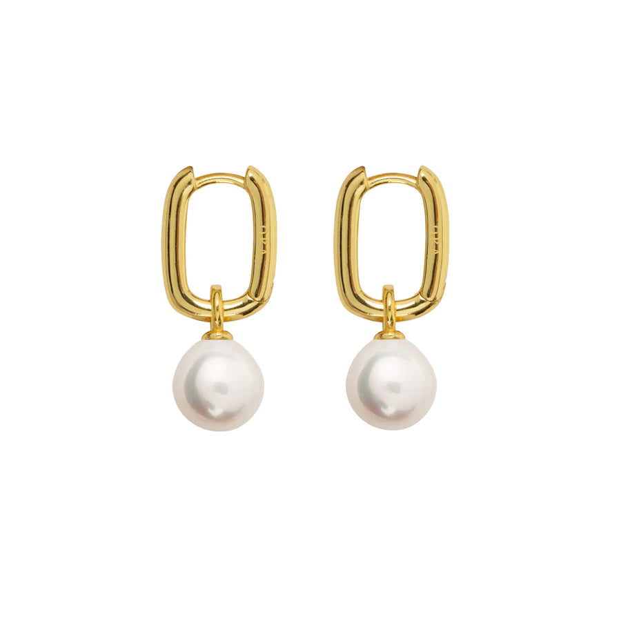 Square Hoop Drop Pearl Earrings