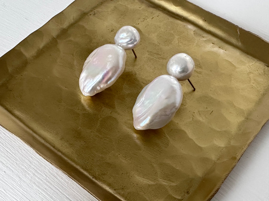 Duet Flat Baroque Pearl Earrings - 9ct Gold